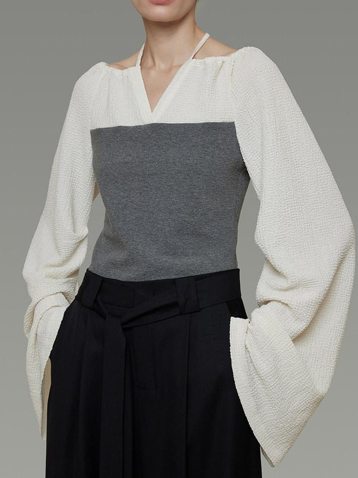 unspoken Breathable Cotton Contrast V-neck Loose Longsleeve Tie Front Women Blouses