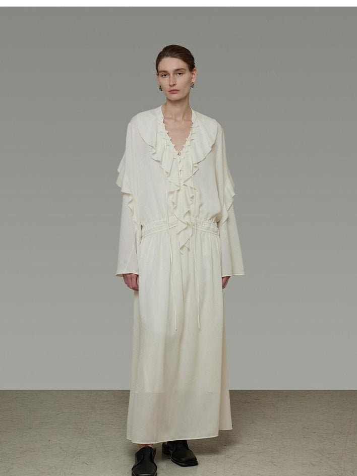unspoken Breathable Minimal Ruffle Long Sleeve Loose H Fit Women Polyester Maxi Dresses