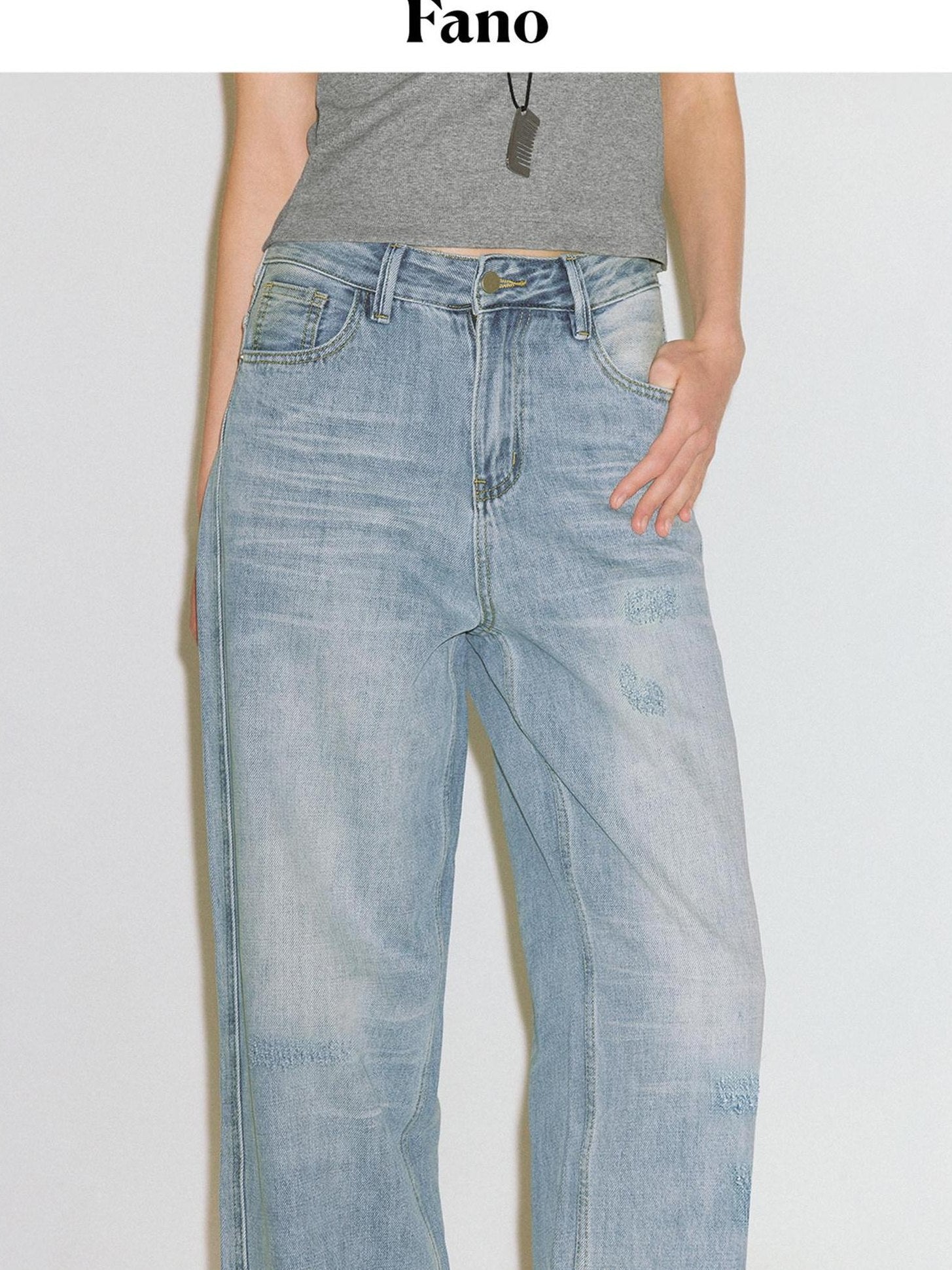 fano High Waist Cotton Floral Blue Zip Fly Loose Fit Women Straight Leg Jeans