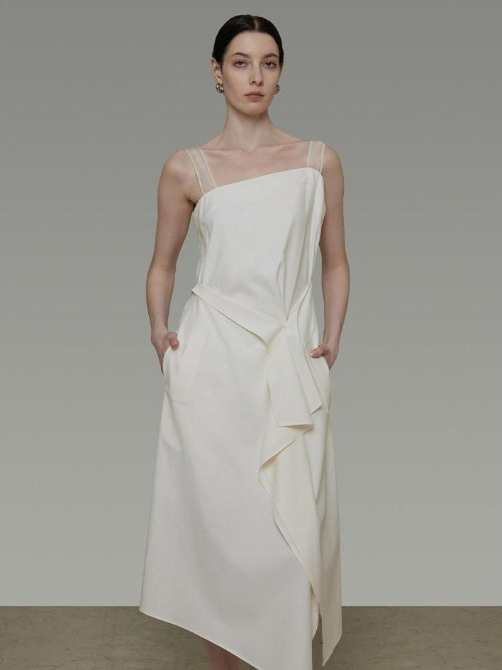 unspoken Cinched Waist Minimalist Asymmetric Spaghetti Strap A Line Midi Maxi Dresses