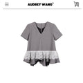 audreyyang_Cotton_Blend_Commuter_Patchwork_Loose_V-neck_Heather_Gray_Short_Sleeve_T-Shirts_MISSTT