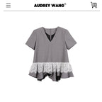 audreyyang_Cotton_Blend_Commuter_Patchwork_Loose_V-neck_Heather_Gray_Short_Sleeve_T-Shirts_MISSTT