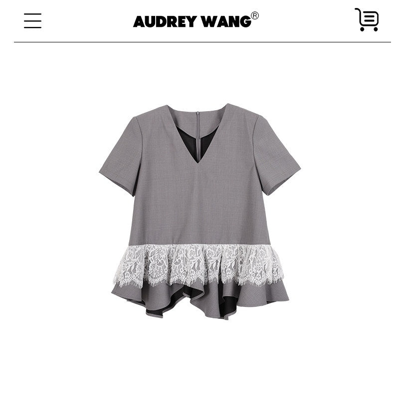 audreyyang_Cotton_Blend_Commuter_Patchwork_Loose_V-neck_Heather_Gray_Short_Sleeve_T-Shirts_MISSTT