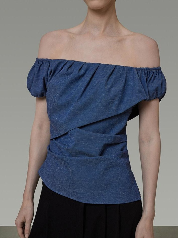 unspoken Wrinkle Resistant Minimalist Slim Asymmetrical Boat Neck Women Blue Blouses