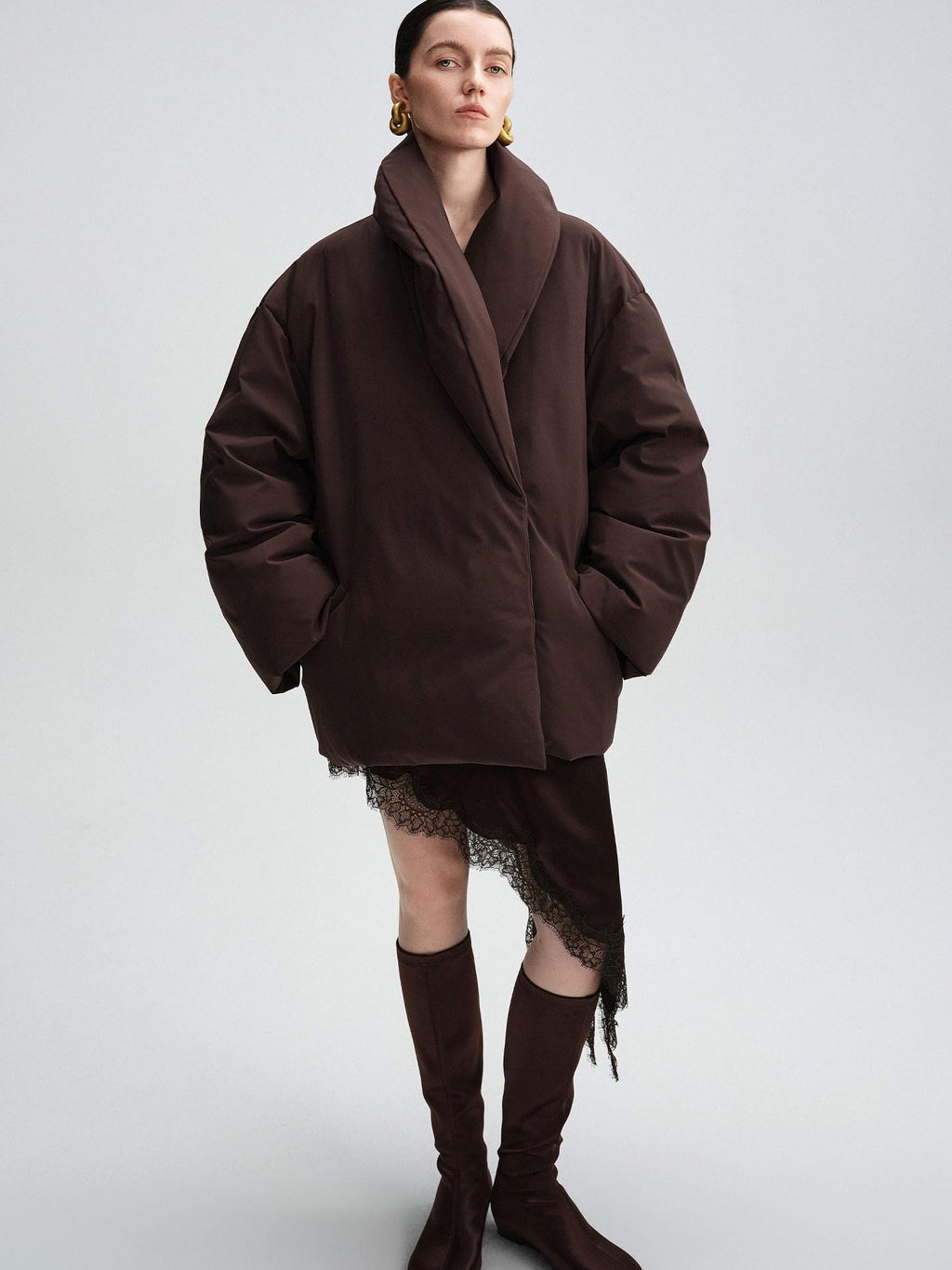 audreyyang Warm 90% Duck Down Loose Casual Stand Collar Women Chocolate Brown Down Jackets
