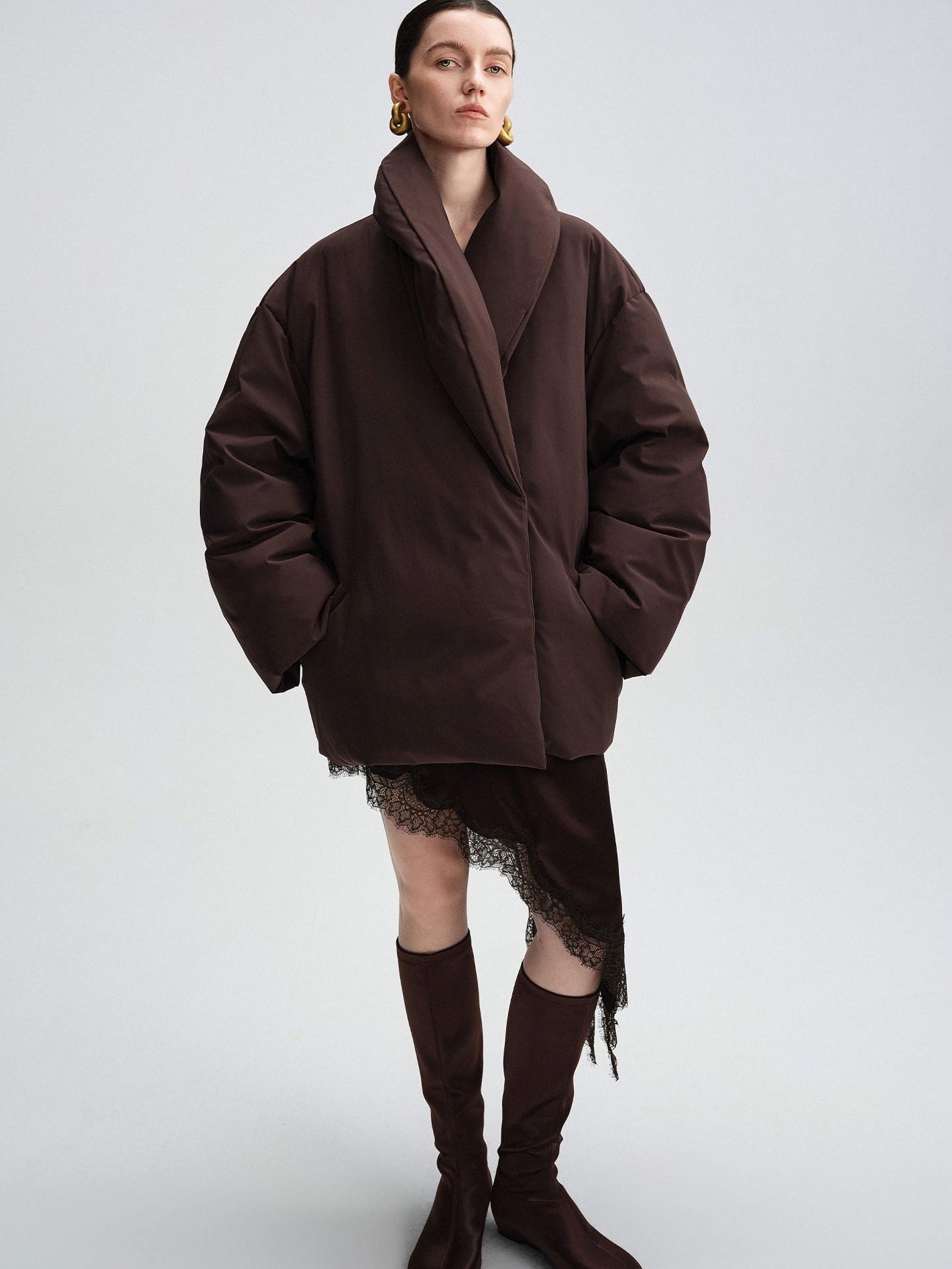 audreyyang Warm 90% Duck Down Loose Casual Stand Collar Women Chocolate Brown Down Jackets
