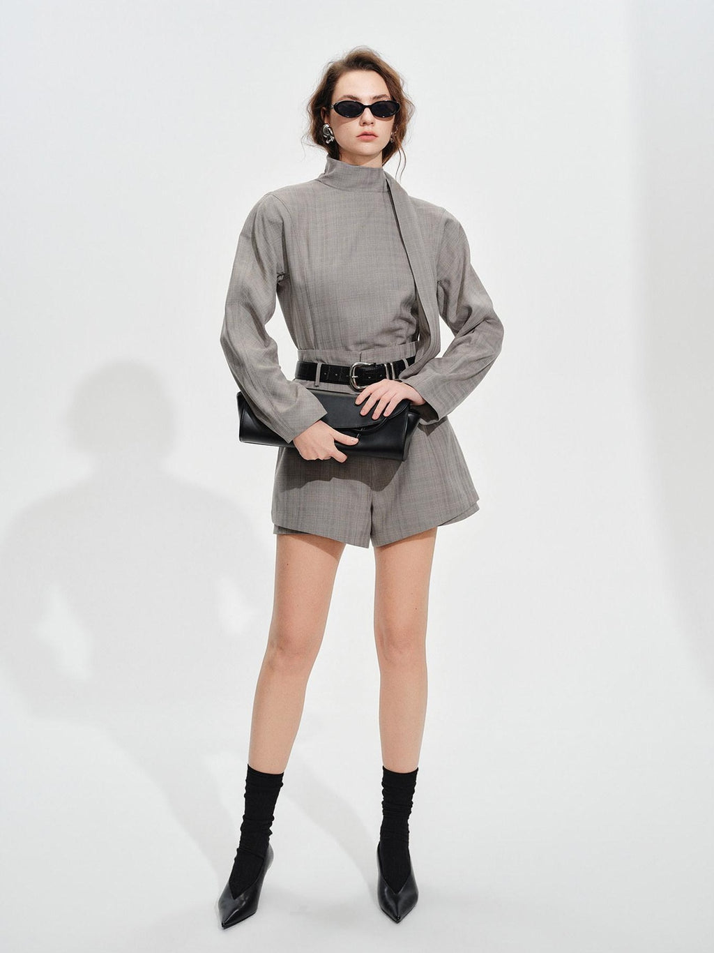 audreyyang Non Deforming Loose Plaid High Neck Long Sleeve Women Grey Top & Shorts Sets