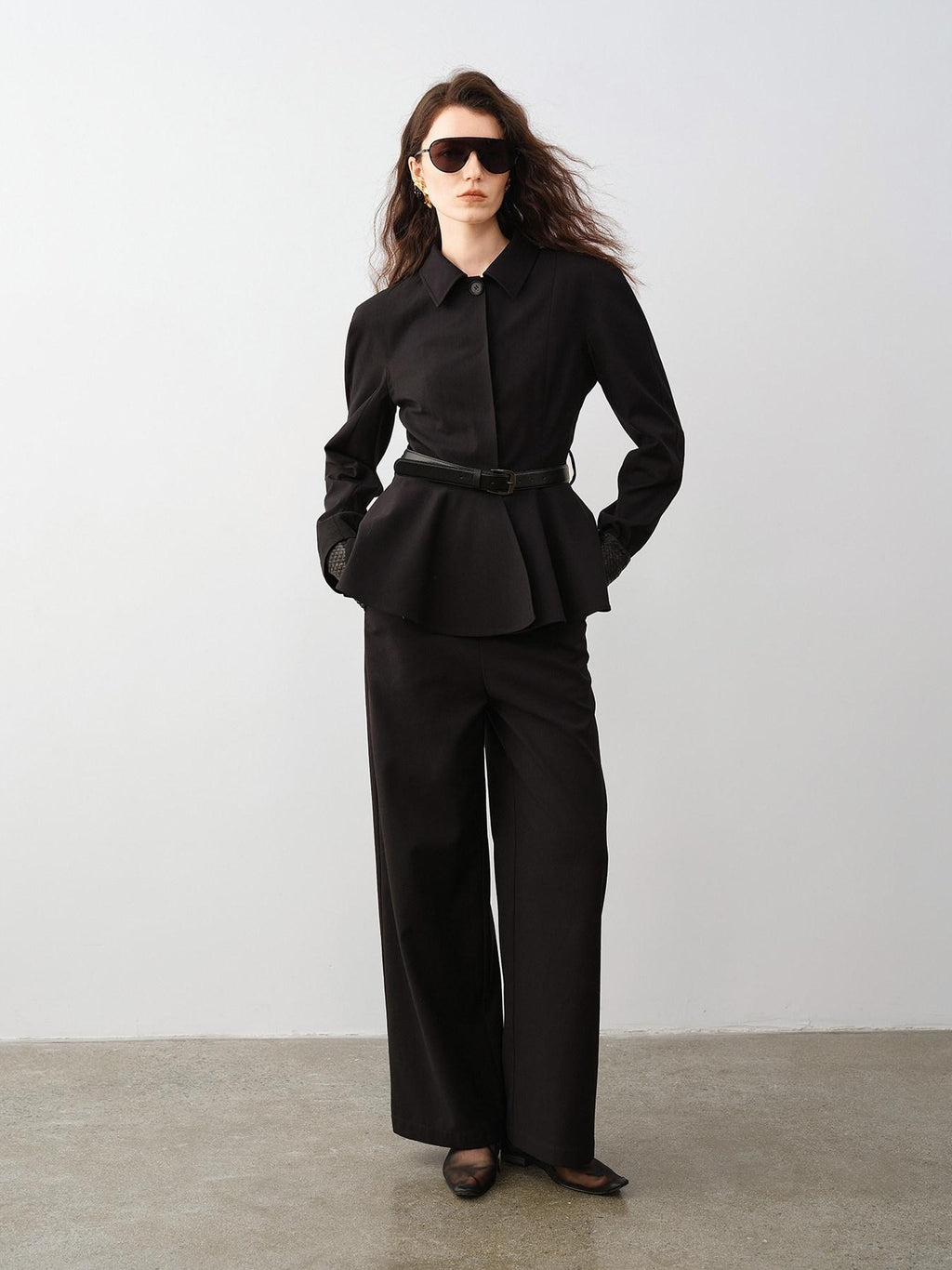 audreyyang Waist Slimming Casual Cropped Lapel Long Sleeve Black Polyester Top & Pants Sets