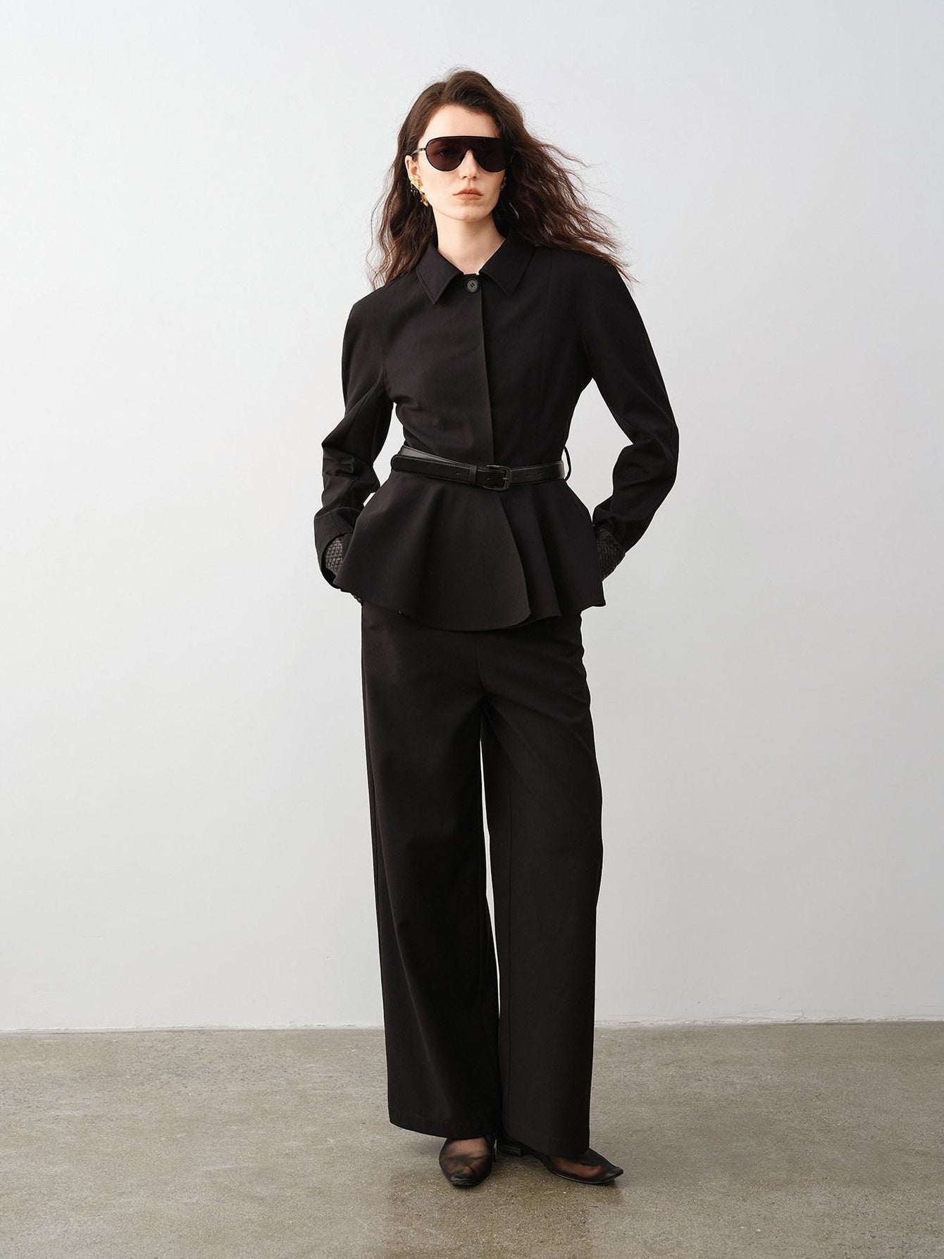 audreyyang Waist Slimming Casual Cropped Lapel Long Sleeve Black Polyester Top & Pants Sets
