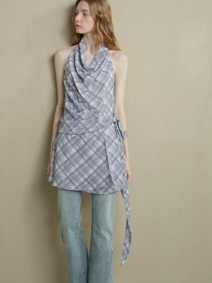 someonesometimes Lightweight Halter Tie Plaid Office Regular Fit Cornflower Blue Midi Dresses