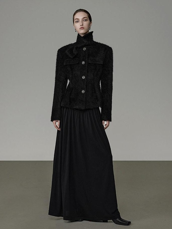 unspoken Slimming French Slim Fit Waist Cinch Stand Collar Black Nylon Women Short Coat