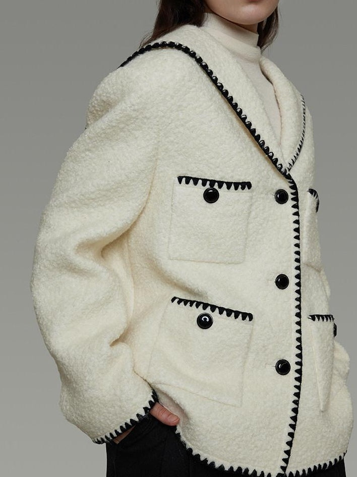 unspoken Lambswool Blend Tailored Loose Minimal Notch Collar Officewear Women Wool Coats