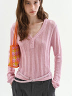 fano Soft Bubblegum Pink Slim Korean V-neck Long Sleeve Women Acrylic Sweaters
