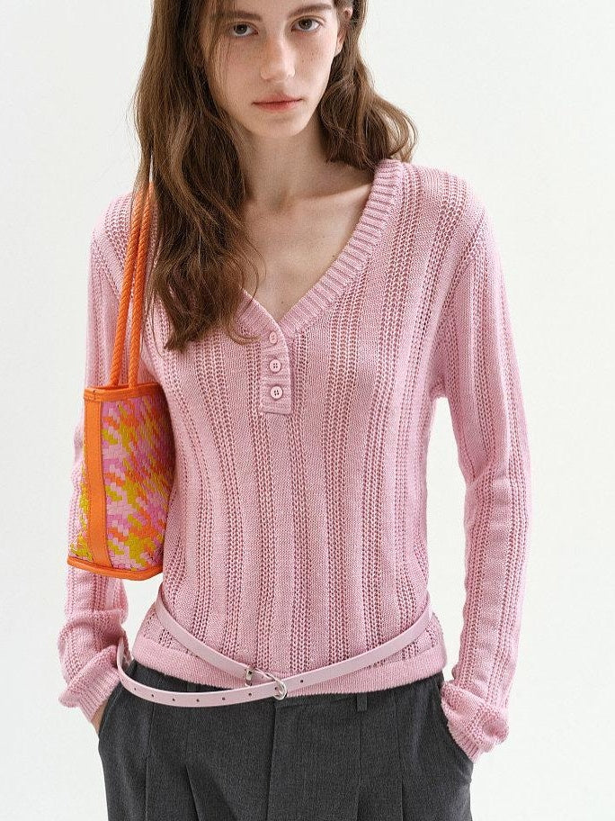 fano Soft Bubblegum Pink Slim Korean V-neck Long Sleeve Women Acrylic Sweaters