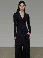 unspoken Breathable Lyocell Lace Slim Fit V-neck Long Sleeve Women Black Blouses
