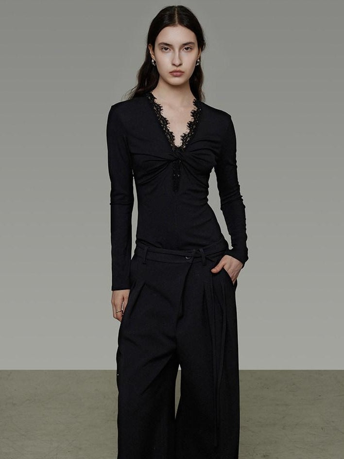 unspoken Breathable Lyocell Lace Slim Fit V-neck Long Sleeve Women Black Blouses