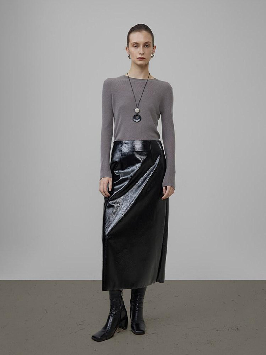 unspoken High Waist Pu Leather A Line Lined Black Commuter Skirt For Women Midi Skirts