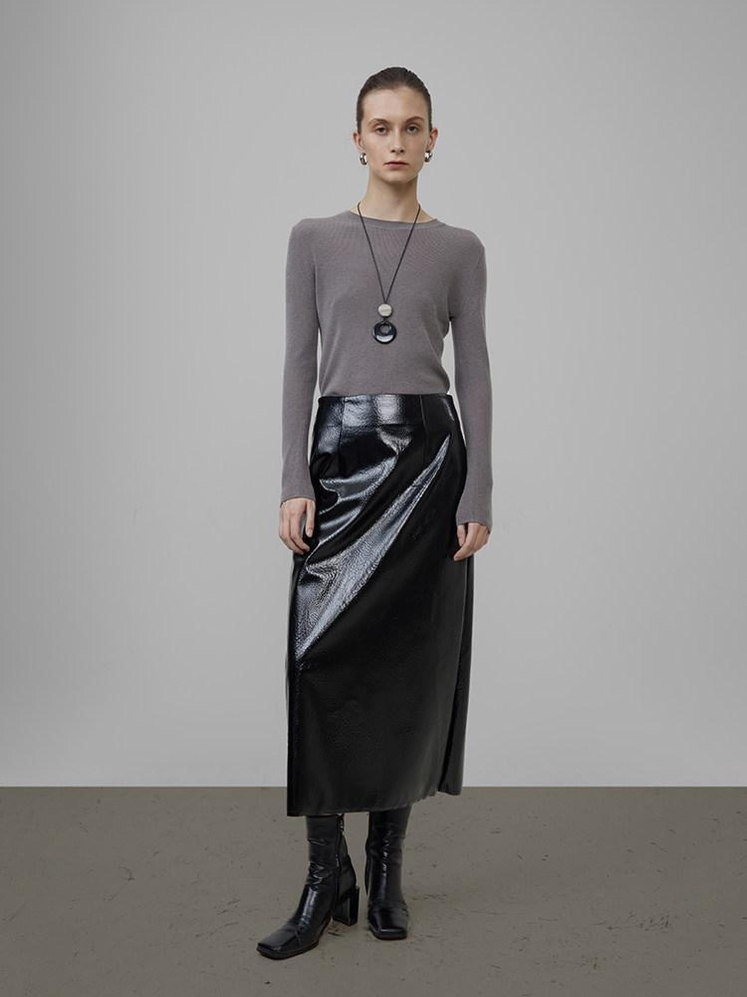 unspoken High Waist Pu Leather A Line Lined Black Commuter Skirt For Women Midi Skirts