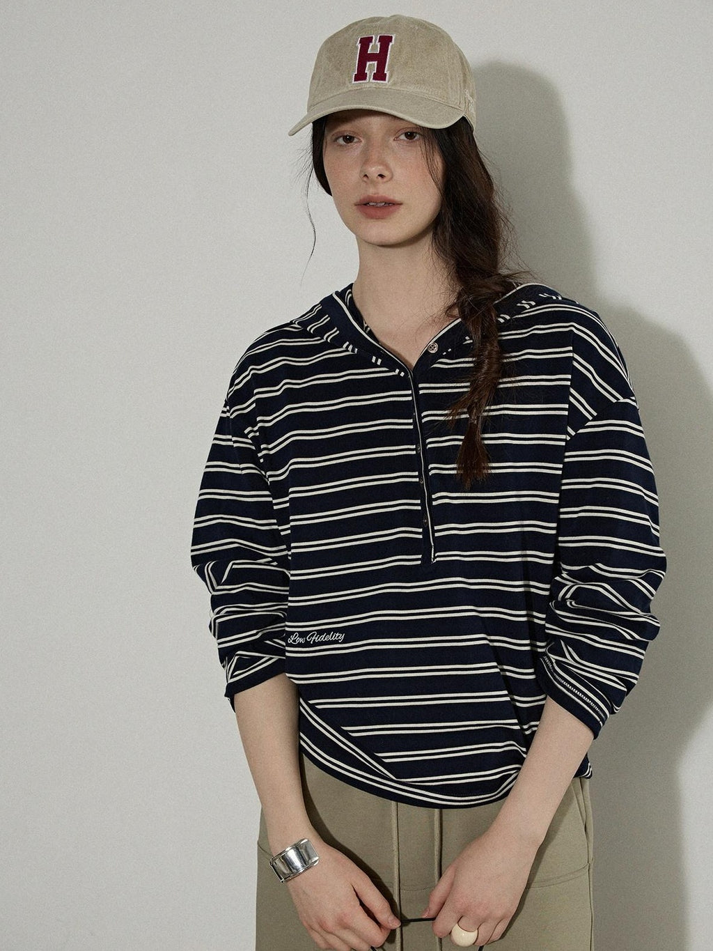 Lofi choose Embroidered Striped Loose Commuter Drop Shoulder For Women Long Sleeve T-Shirts
