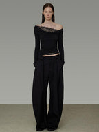 unspoken Lace Patchwork Off Shoulder Slim Fit Casual Knit Long Sleeve Black Blouses