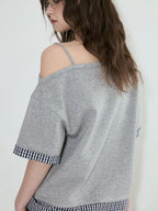 fano Cotton Blend Loose Korean Women Half Sleeve Bardot Off Shoulder Crop Tops