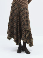someonesometimes High Waist Vintage Irregular Hem Loose Fit Olive Check Casual Women Maxi Skirts