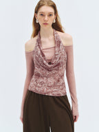 someone sometimes Silk Wool Blend Slim Fit Patchwork Knit Women Printed Halter Crop Tops
