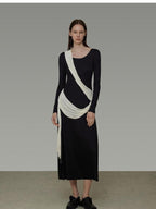 unspoken Slimming High Waist A Line Knit Long Sleeve Workwear Black Women Maxi Dresses