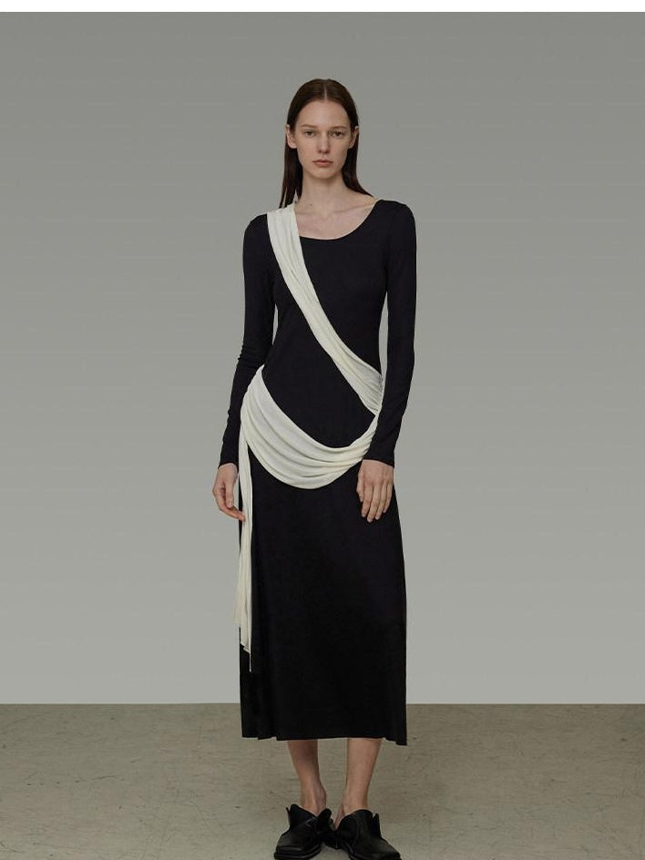 unspoken Slimming High Waist A Line Knit Long Sleeve Workwear Black Women Maxi Dresses