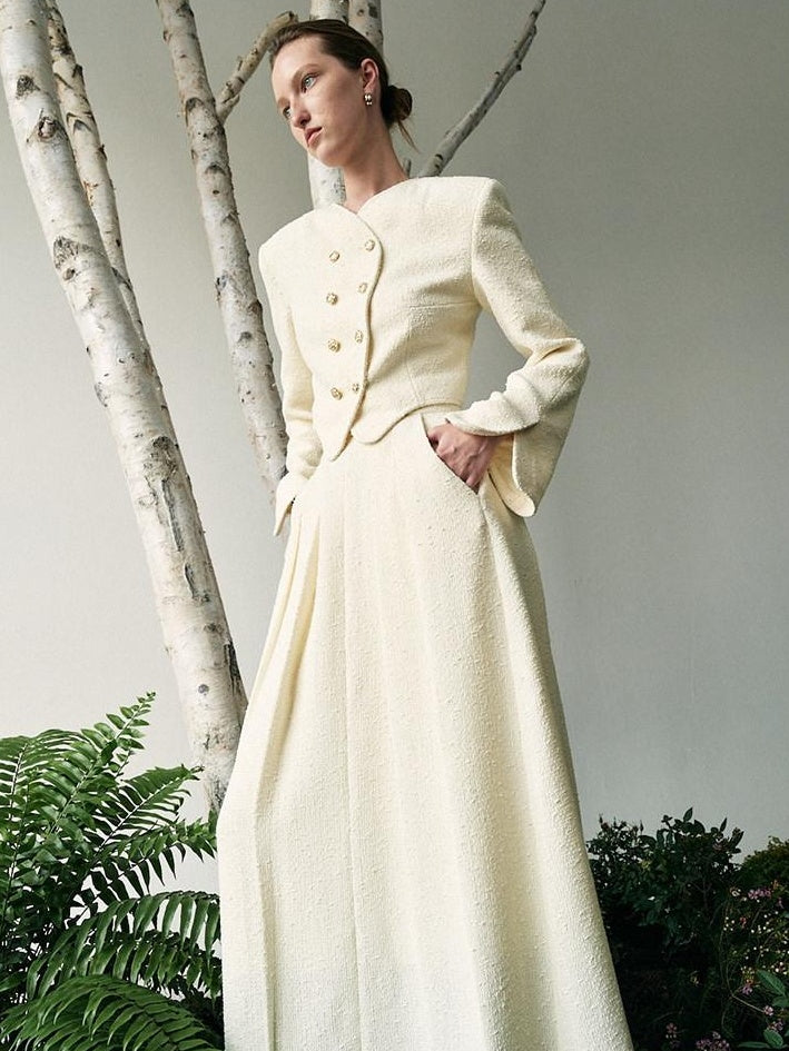 unspoken Original Design Double Breasted Cream Straight Fit Long Sleeve Top & Skirt Sets