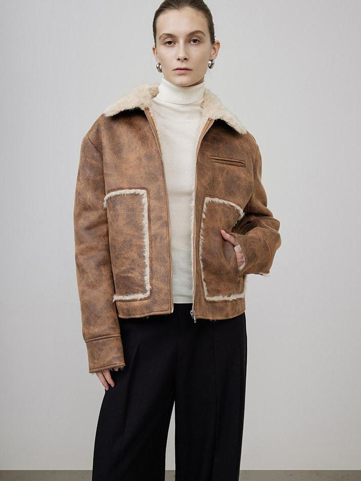 unspoken Faux Fur Lined Oversized Zip Pocket Barn Style Women Khaki Leather Jackets