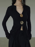 unspoken Side Slit Slim Fit Casual V-neck Button Long Sleeve Black Women Knit Cardigans