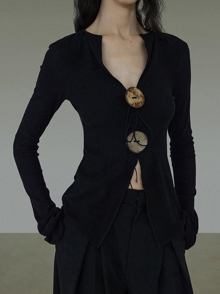 unspoken Side Slit Slim Fit Casual V-neck Button Long Sleeve Black Women Knit Cardigans