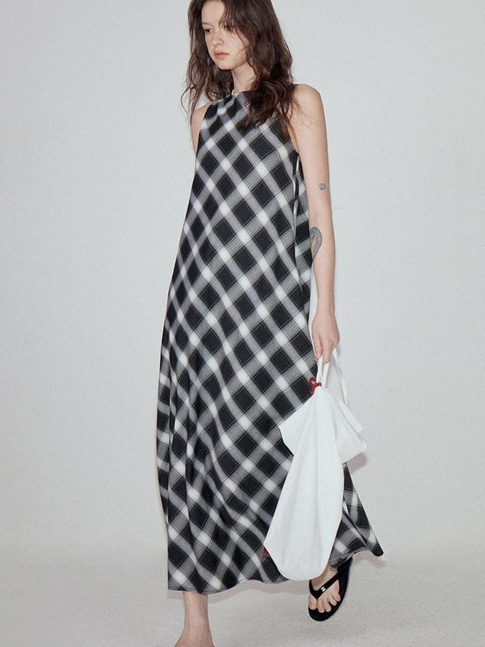 fano Plaid Sleeveless A Line Natural Waist Korean Office Casual Maxi Dresses