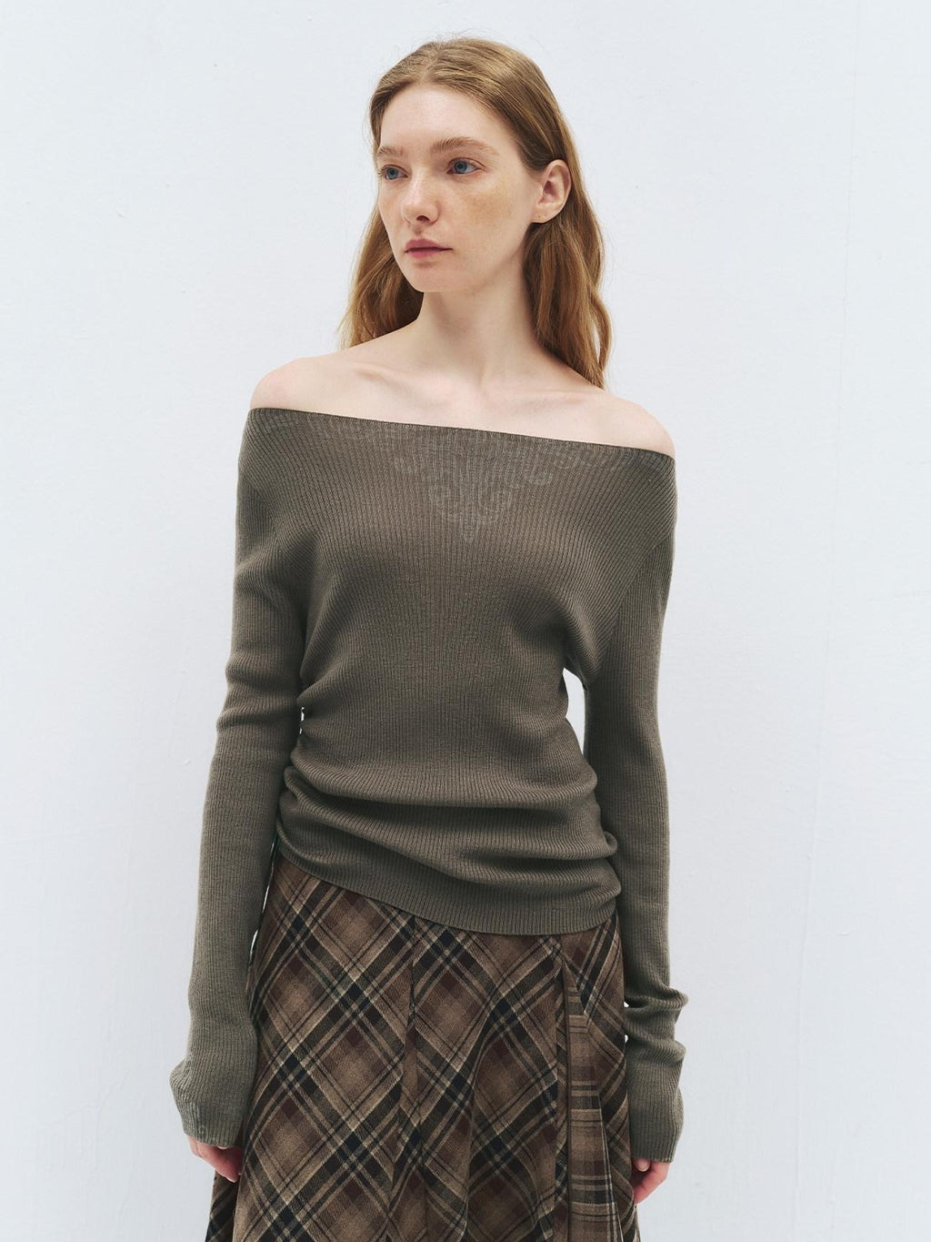 someonesometimes Soft Acrylic Wool Nylon Blend Slim Fit Printed Boat Neck Women Mud Green Sweater