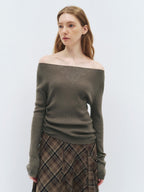 someonesometimes Soft Acrylic Wool Nylon Blend Slim Fit Printed Boat Neck Women Mud Green Sweater