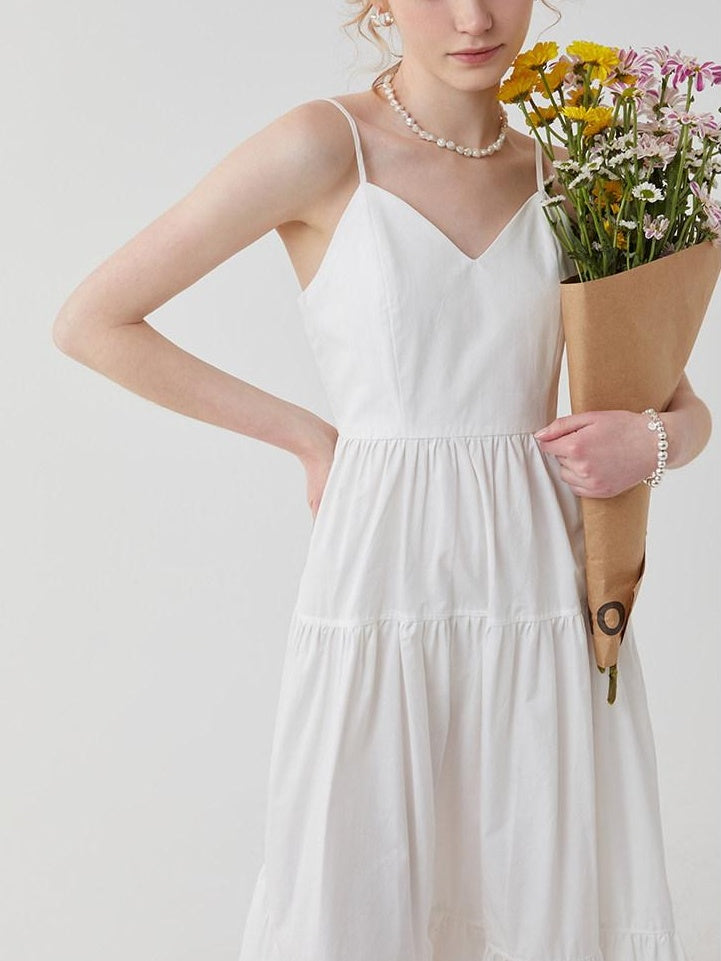fano High Waist Pleated Minimalist V-neck Sleeveless A Line Cotton Casual Maxi Dresses