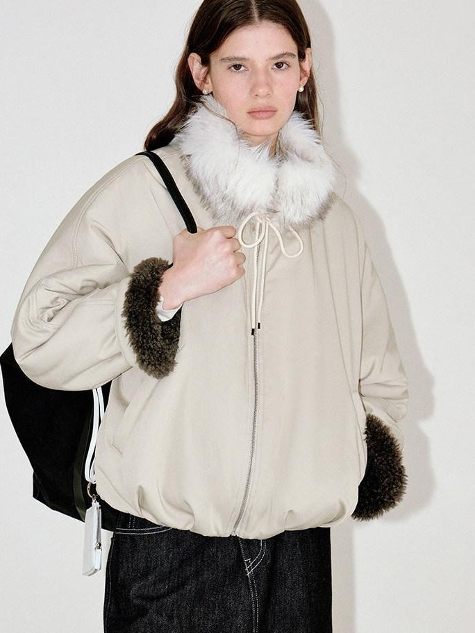 fano Cozy Insulated Korean Commuter Loose Fit Stand Collar Beige Grey Puffer Jackets