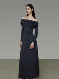 unspoken High Stretch Slim Knit Boat Neck Long Sleeve Dark Gray Office Top & Skirt Sets
