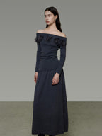 unspoken High Stretch Slim Knit Boat Neck Long Sleeve Dark Gray Office Top & Skirt Sets