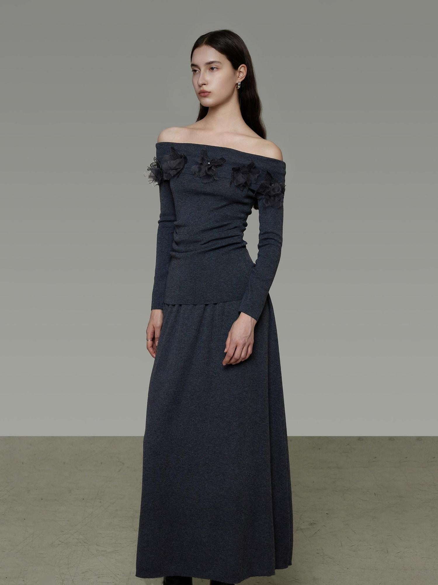 unspoken High Stretch Slim Knit Boat Neck Long Sleeve Dark Gray Office Top & Skirt Sets
