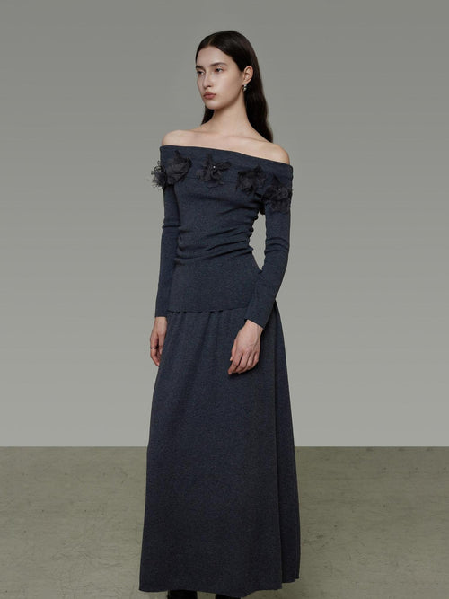 unspoken High Stretch Slim Knit Boat Neck Long Sleeve Dark Gray Office Top & Skirt Sets