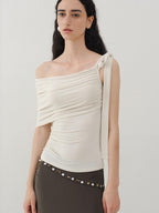 someonesometimes Slim Fit Knit Off Shoulder Casual Solid Apricot Gray Acrylic Stretch Women Top