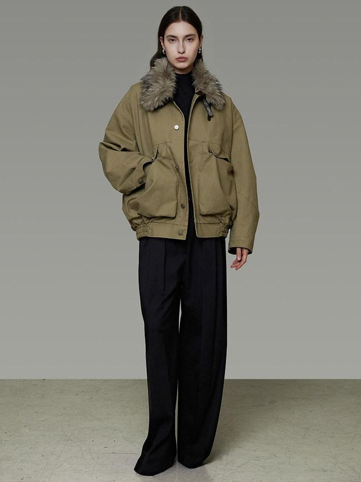 unspoken Thick Fleece Lined Fur Collar Loose Minimal Commuter Women Sage Puffer Jackets