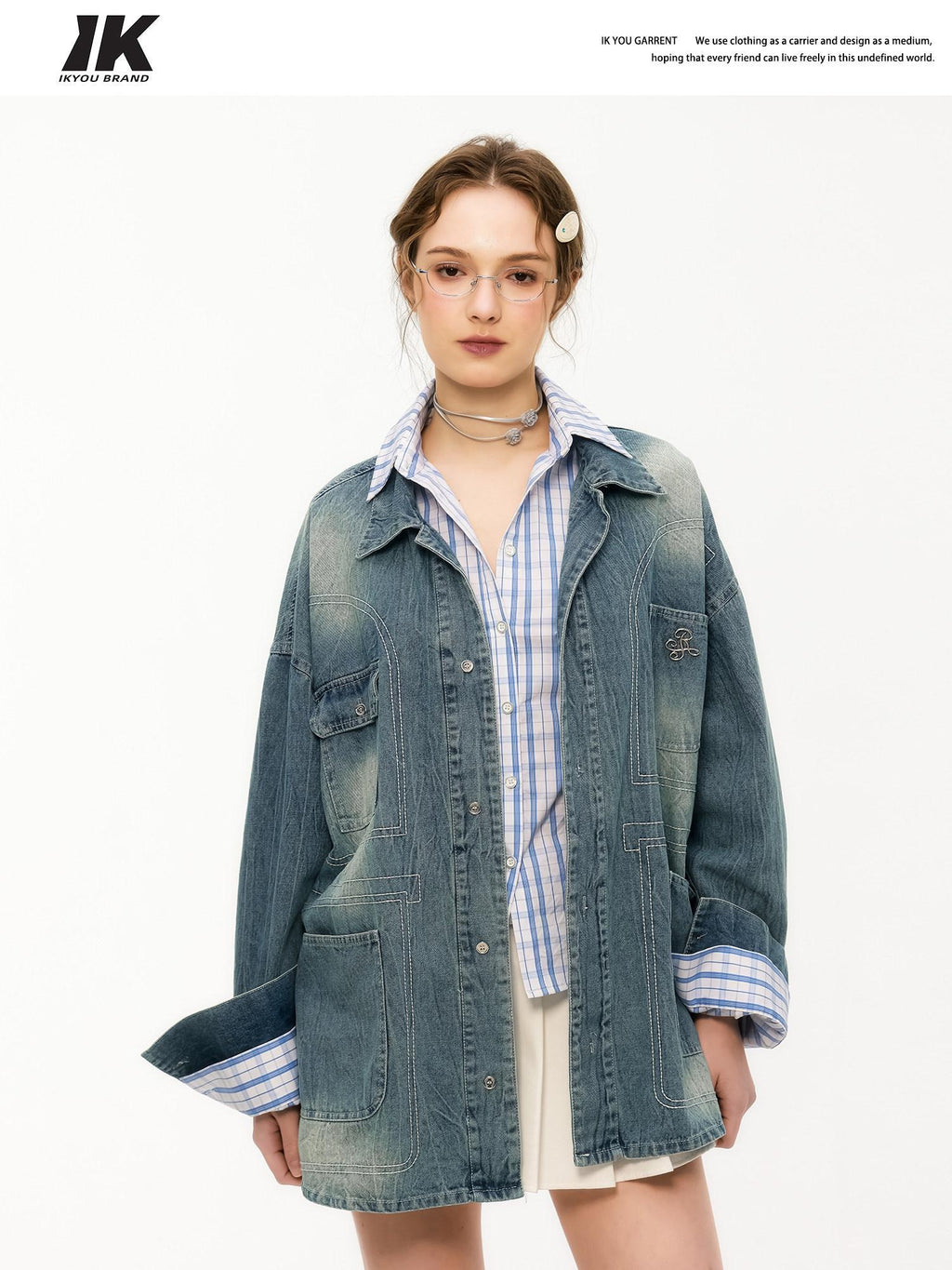 ikyou Shape Retaining Vintage Loose 3D Detail Women Midlength Blue Denim Jackets