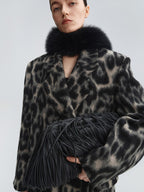 audreyyang Thick Wool Blend Retro Loose Leopard Double Breasted Lapel Long Coats