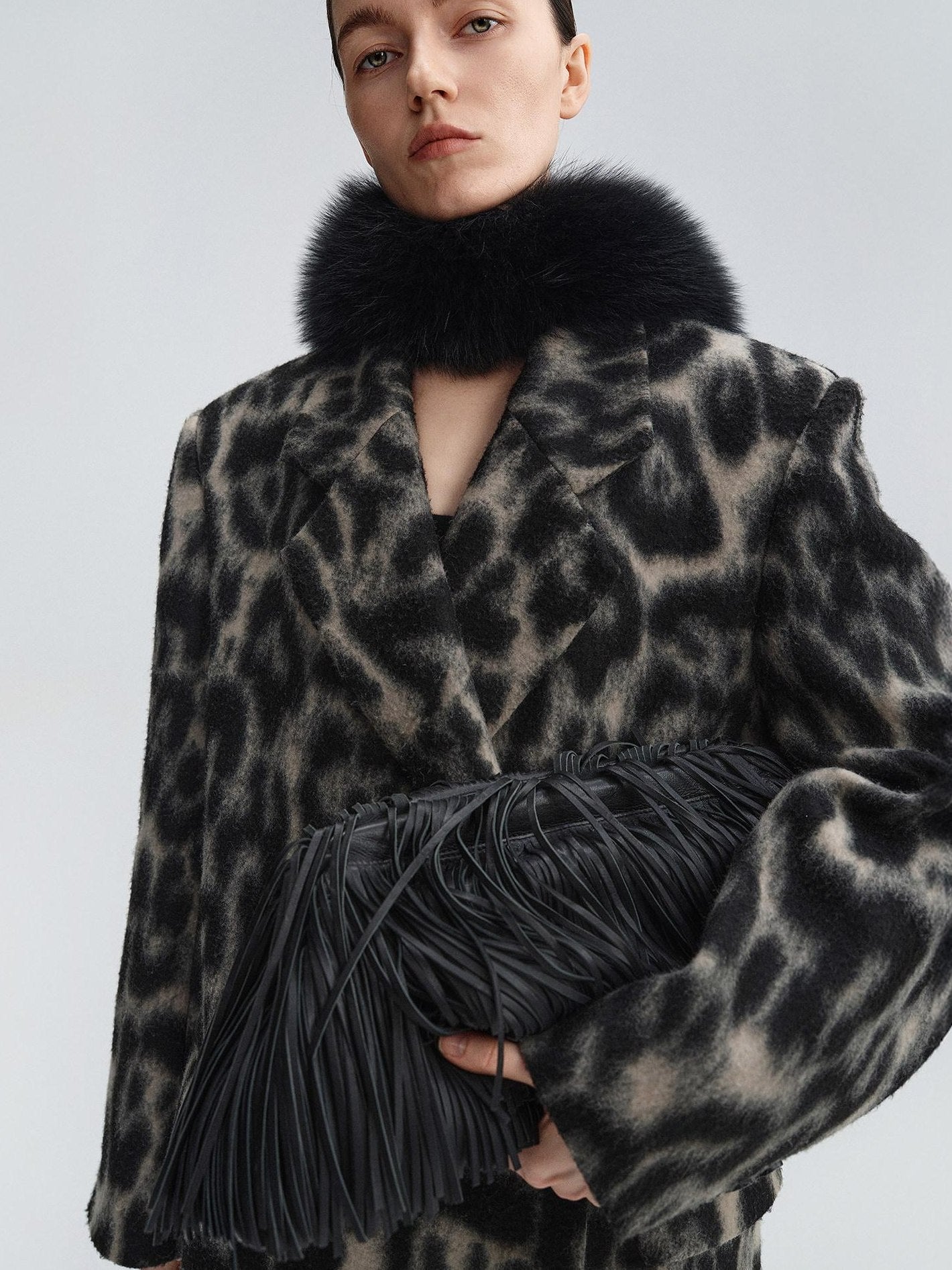 audreyyang Thick Wool Blend Retro Loose Leopard Double Breasted Lapel Long Coats