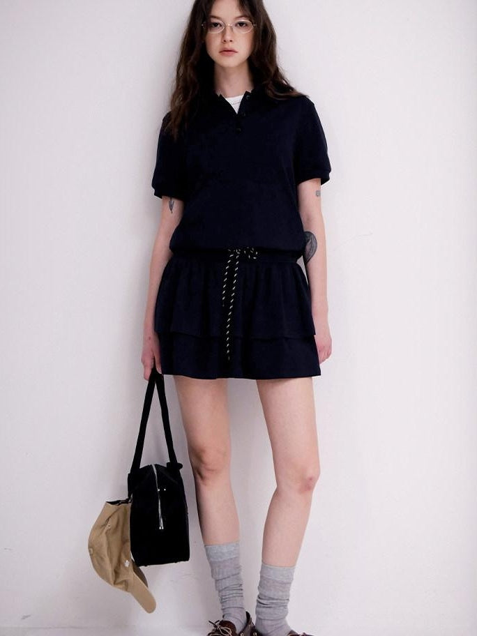 fano Navy Polo Short Sleeve Two Piece Pullover Mini Skirt For Women Top & Skirt Sets