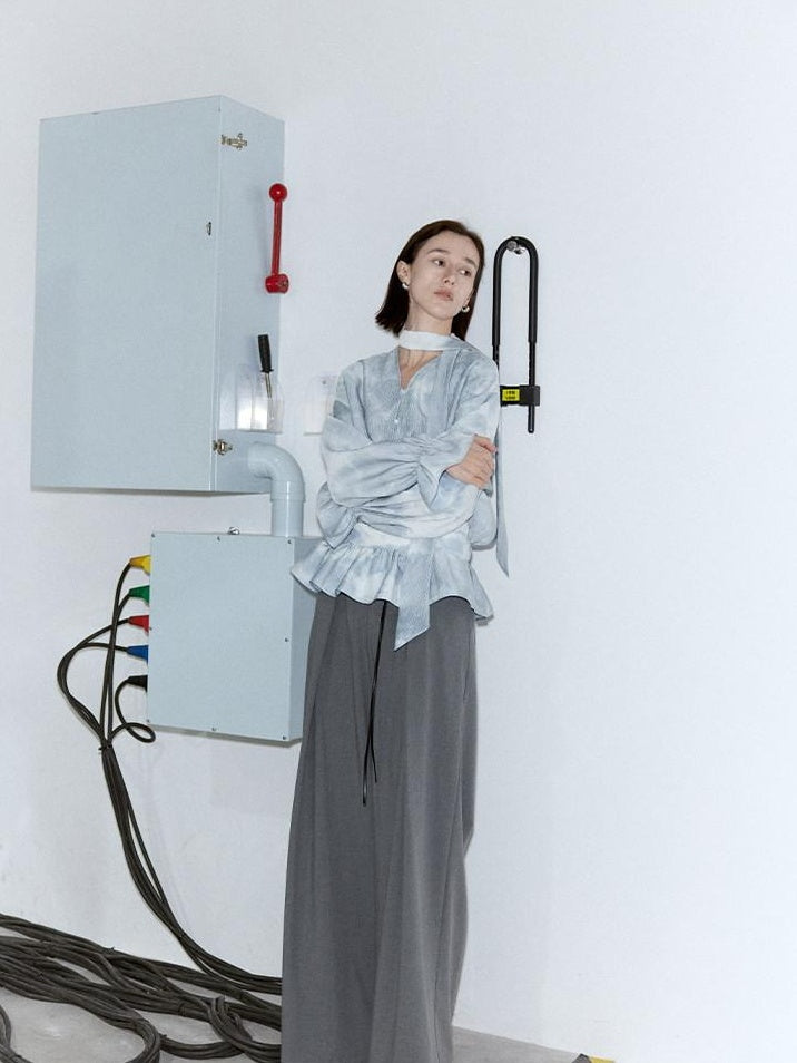 someone sometimes Glacier Blue Polyester V-neck Long Bell Sleeve Loose Fit Office Work Blouses