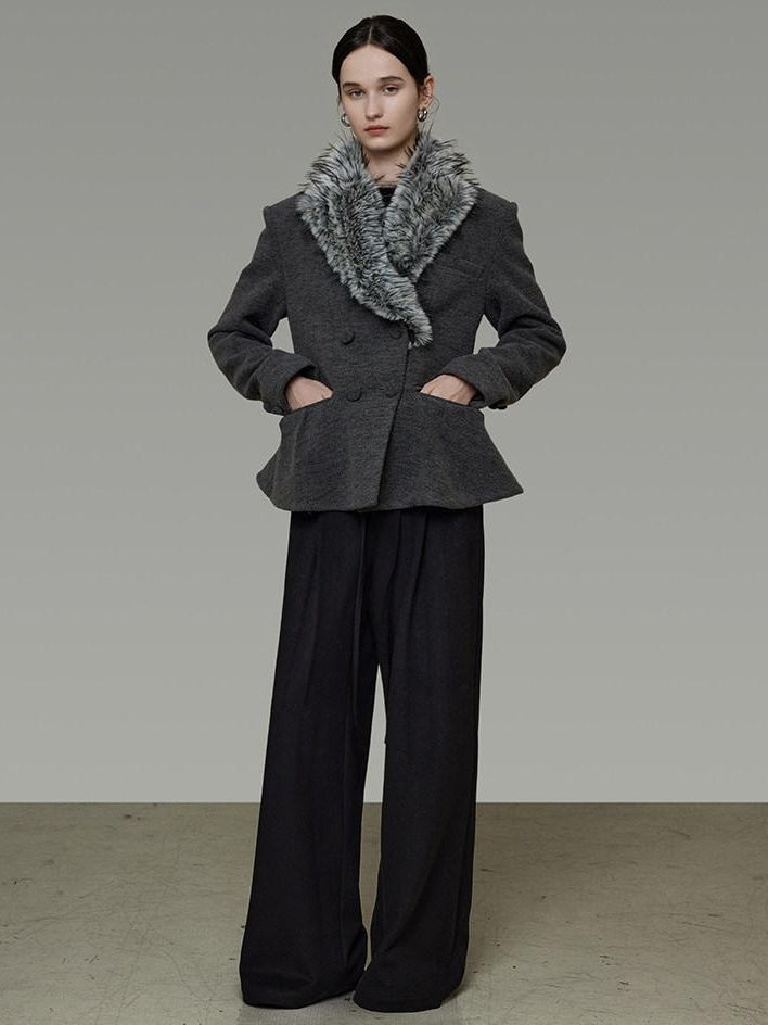unspoken Wool Blend Double Breasted Slim Lapel Tailored Minimal Workwear Gray Short Coat